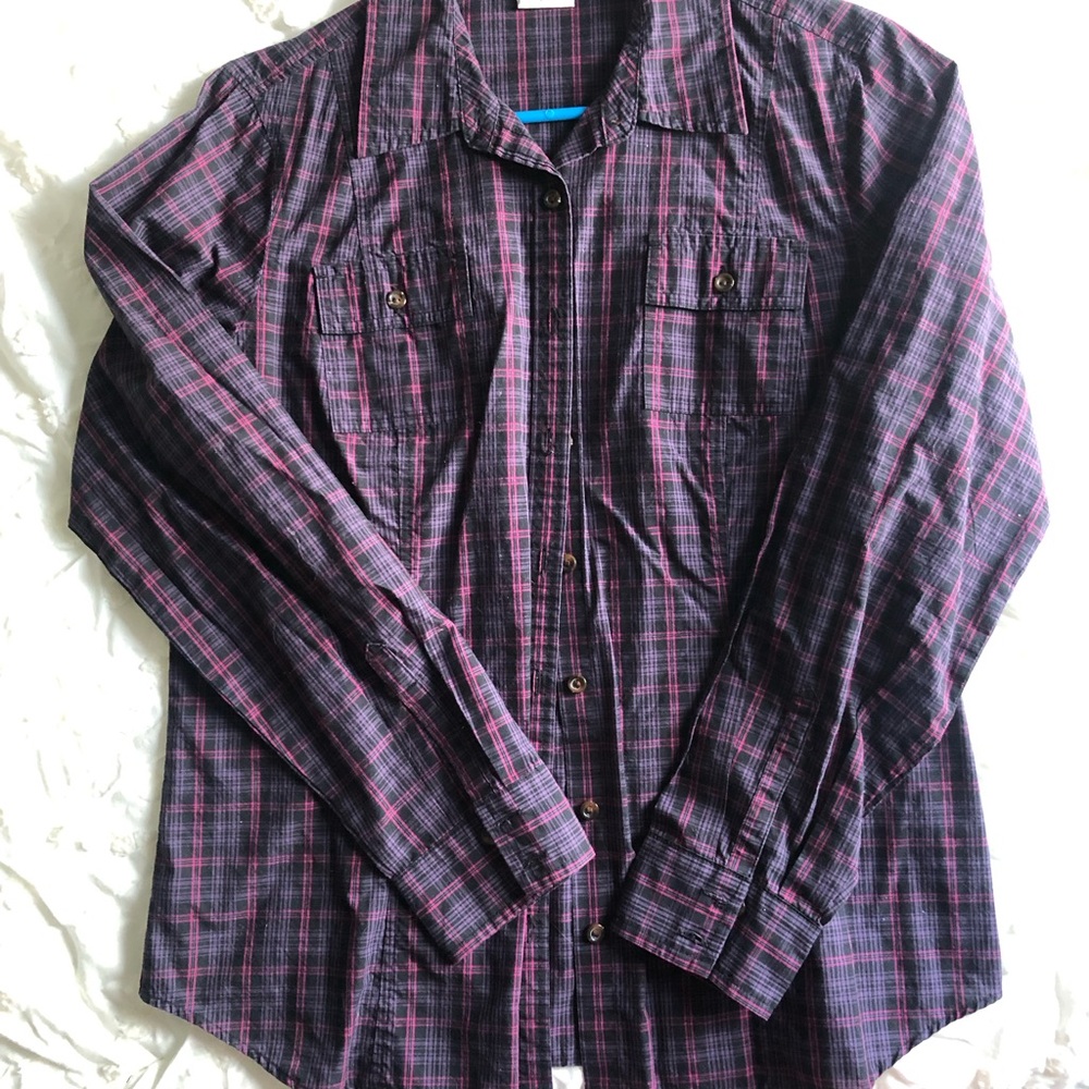Van Heusen Black and Purple Plaid Button-Up Shirt